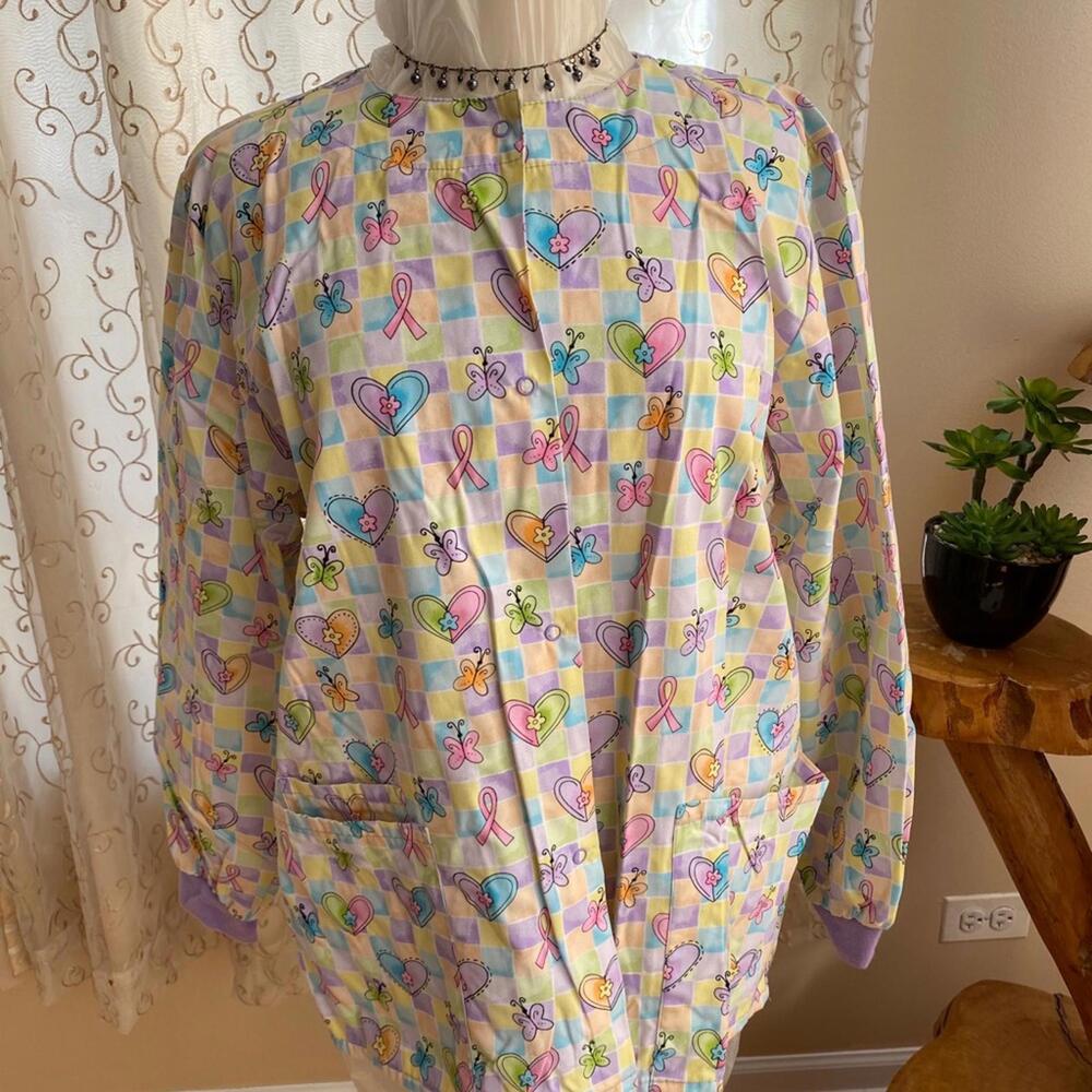 Women's Medical Scrubs Jacket with Colorful Heart and Butterfly Print